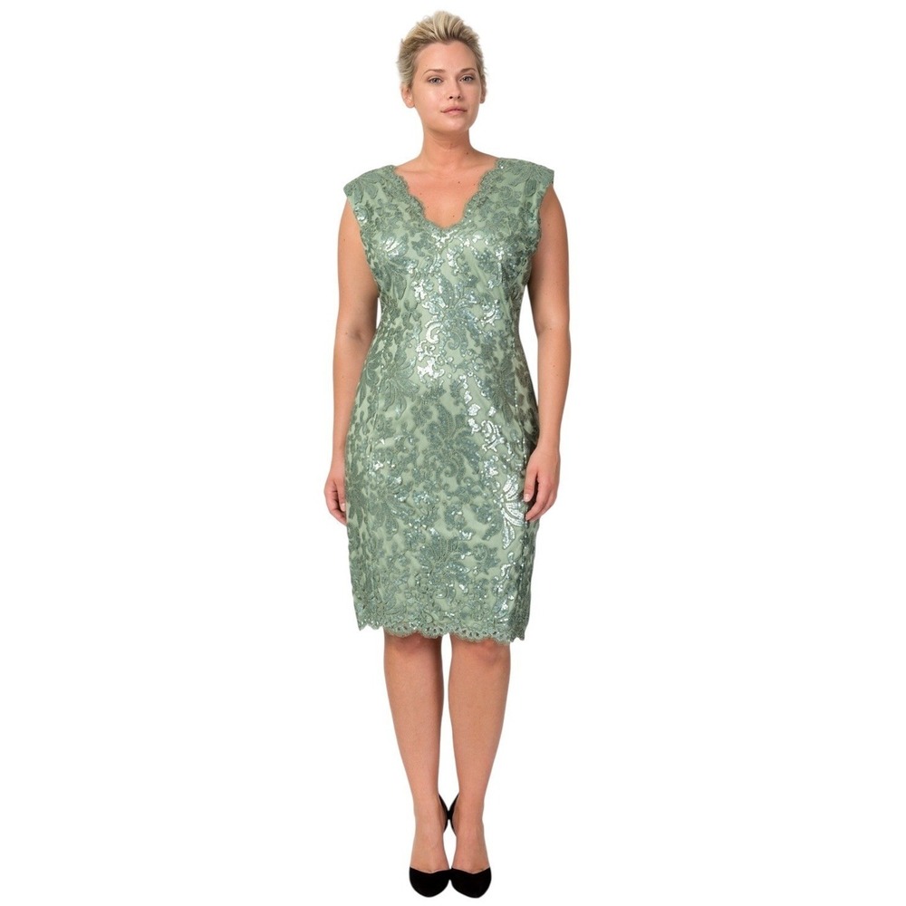 Tadashi Shoji Paillette embroidered Sequin‎ Lace V Neck Dress celadon 10